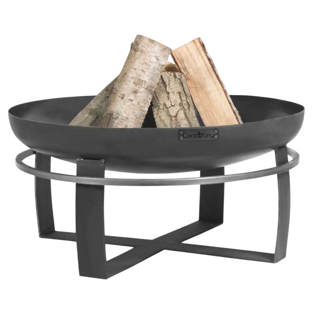 Foyer de feu en métal noir avec des pieds courbés et une base circulaire, contenant des bûches de bouleau.