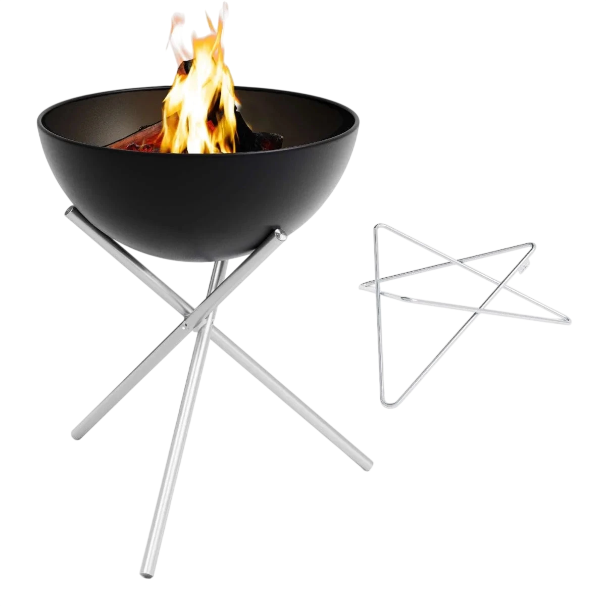 Bol en feu noir avec des pieds en argent et une grille en forme d’étoile
