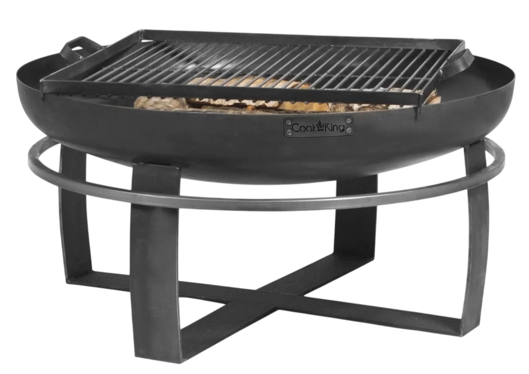 Barbecue portable en fonte noire avec une grille carrée et une base de foyer circulaire.