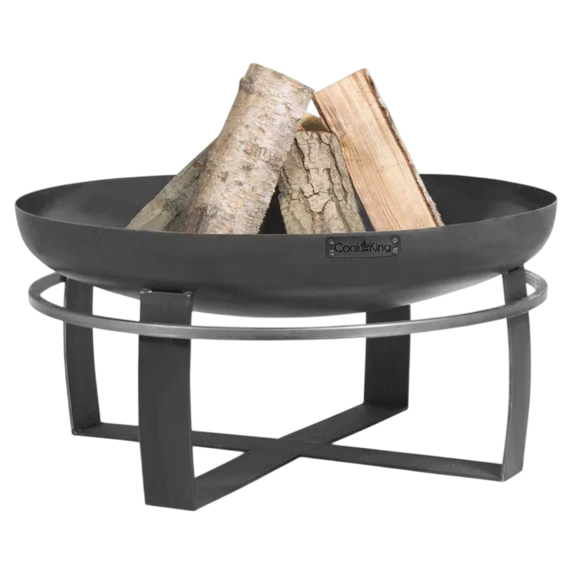 Foyer de feu en métal noir avec des pieds courbés et un bassin circulaire, contenant des bûches de bouleau.