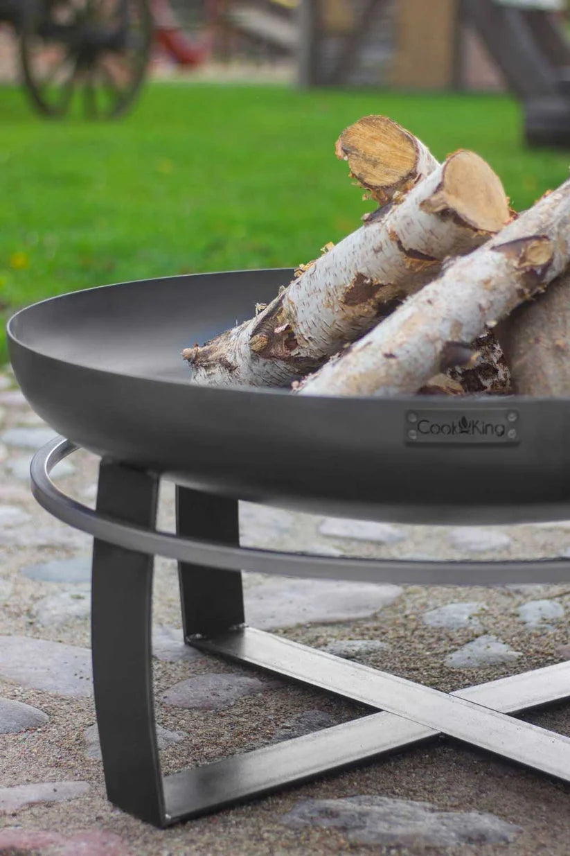 Foyer de feu noir avec des pieds courbés et une grille en métal, conçu pour un usage extérieur.