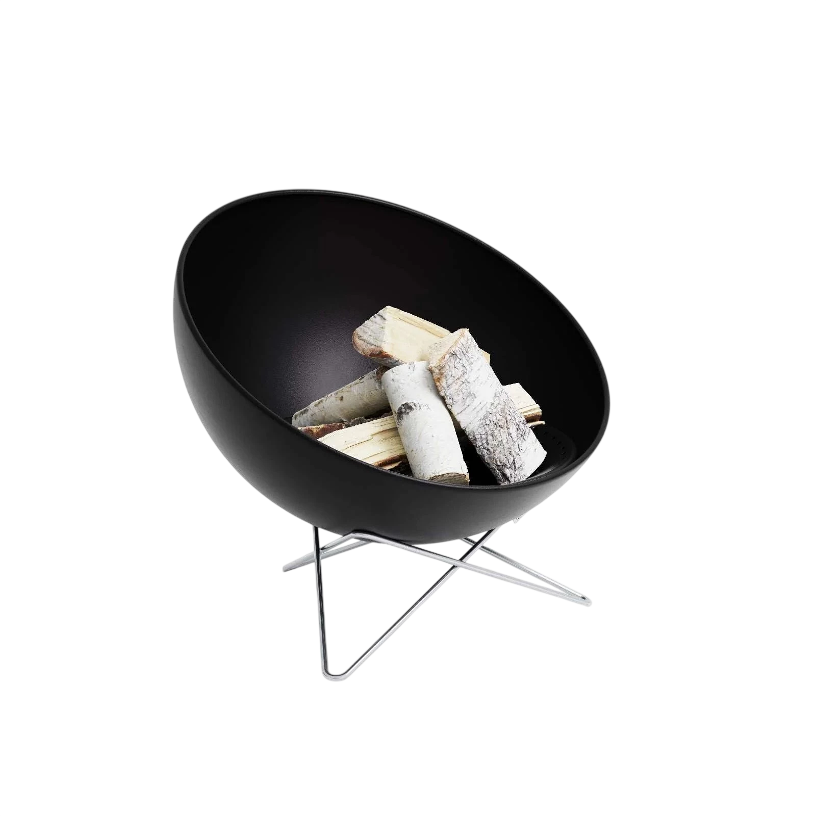 Bol enfoncé moderne noir pour feu avec pieds chromés et design minimaliste.
