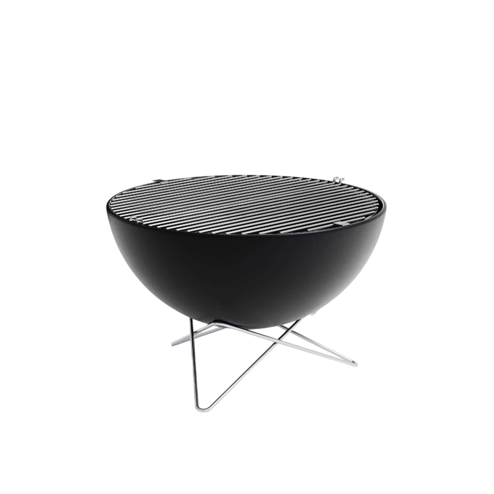 Gril barbecue rond noir avec des pieds en métal et un couvercle à grille, conçu par Weber.