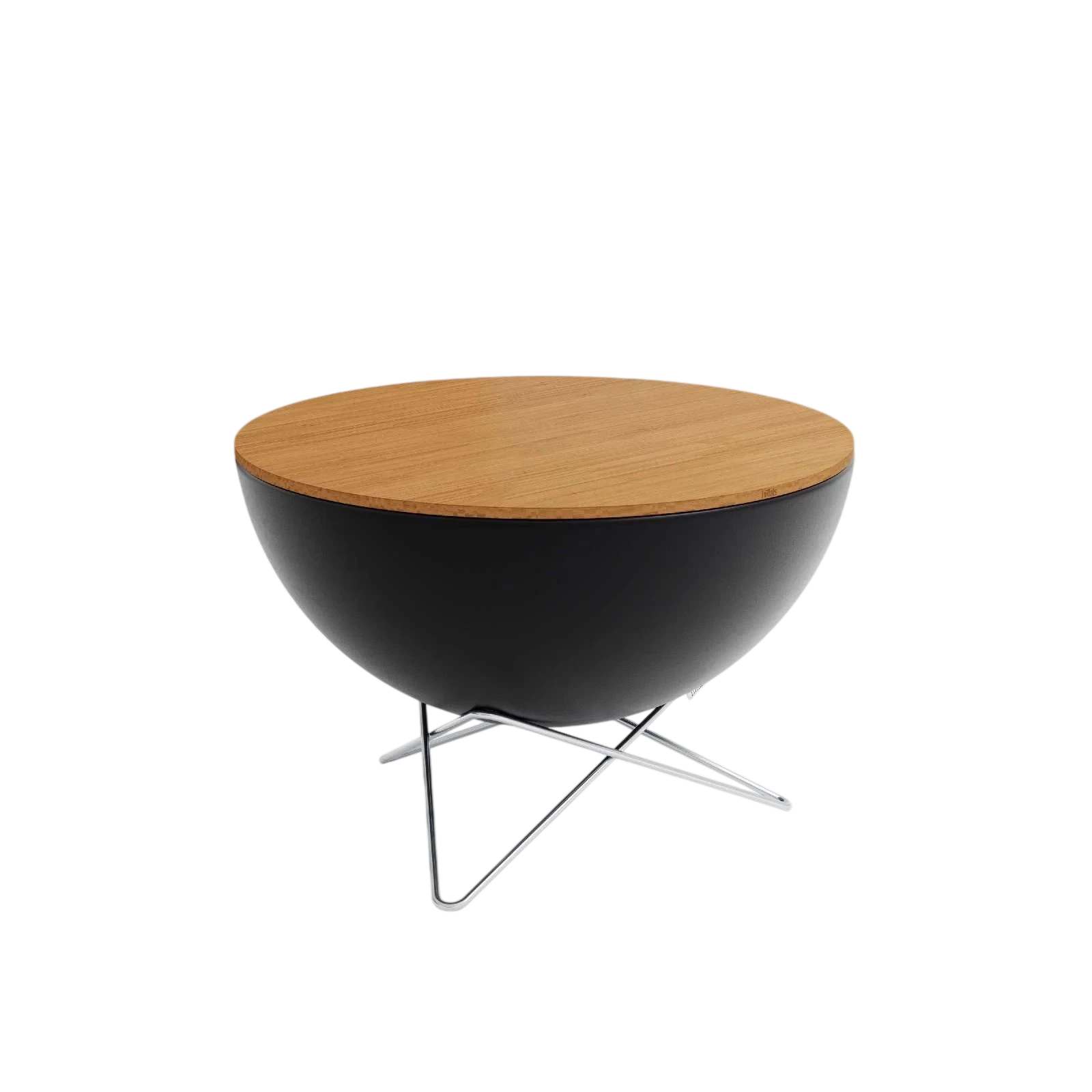 Table basse moderne en noir et bois avec pieds chromés.