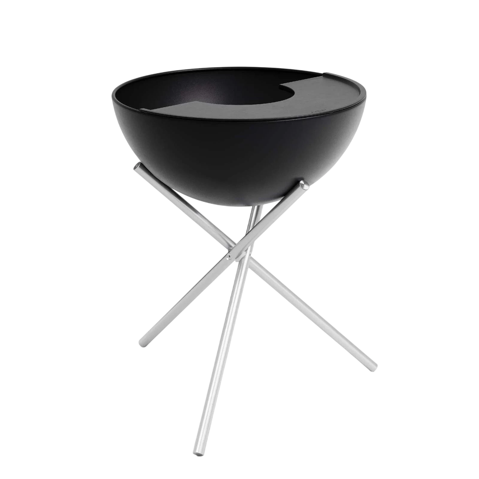 Bol noir sur trépied en argent, design moderne.