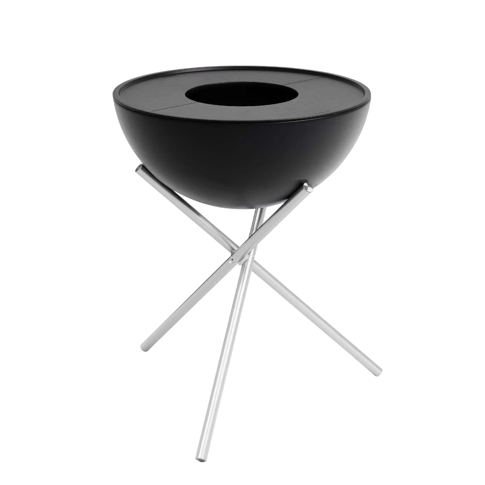 Bol noir sur support trépied en argent, design moderne.