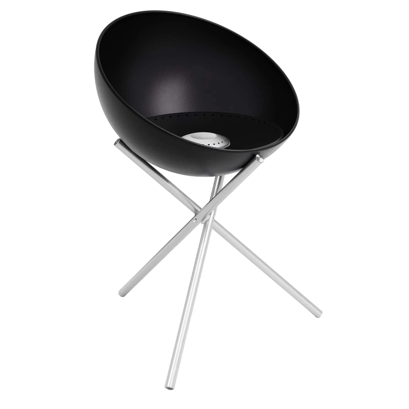Bol noir sur support en argent, design moderne.