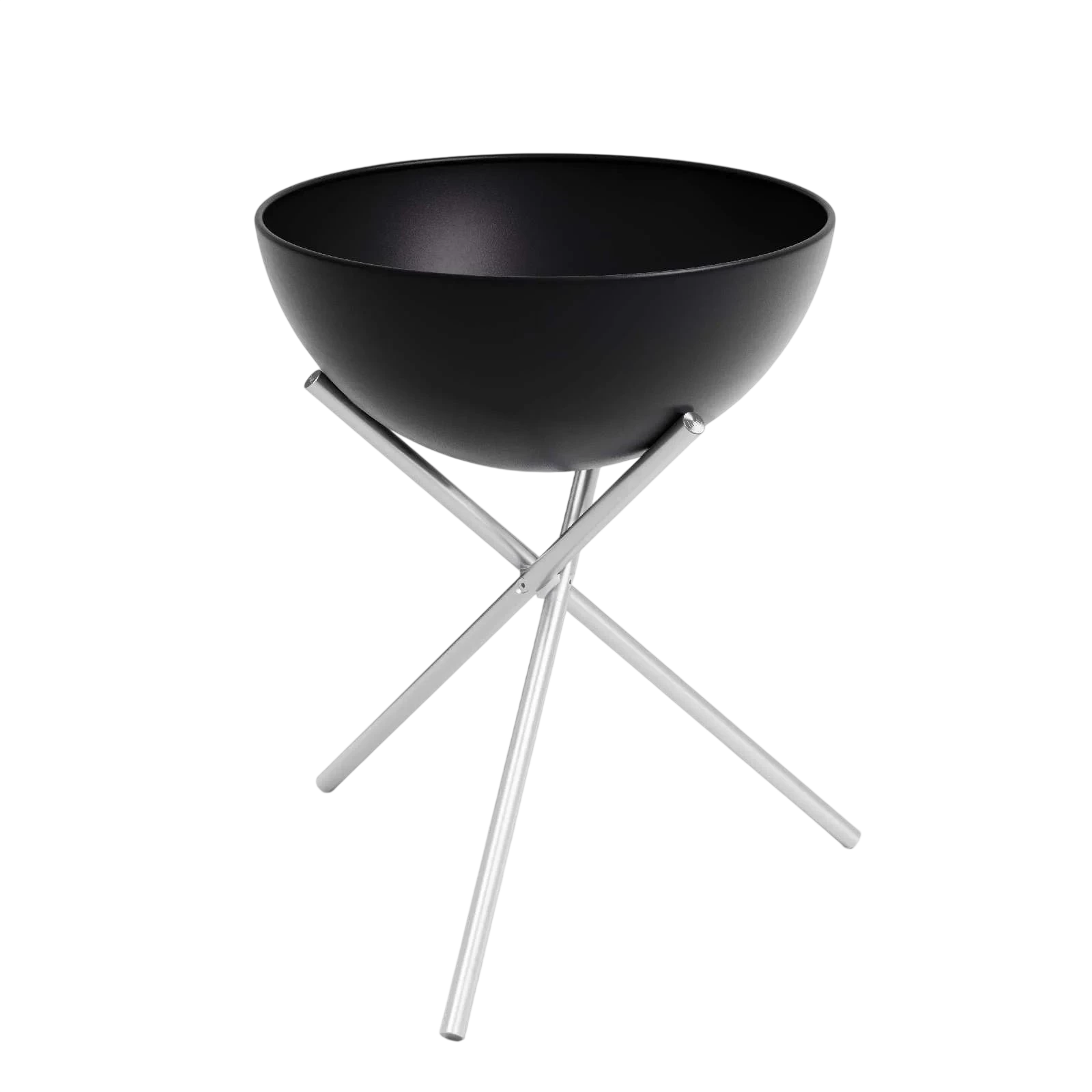 Bol noir sur support trépied en argent, design moderne.