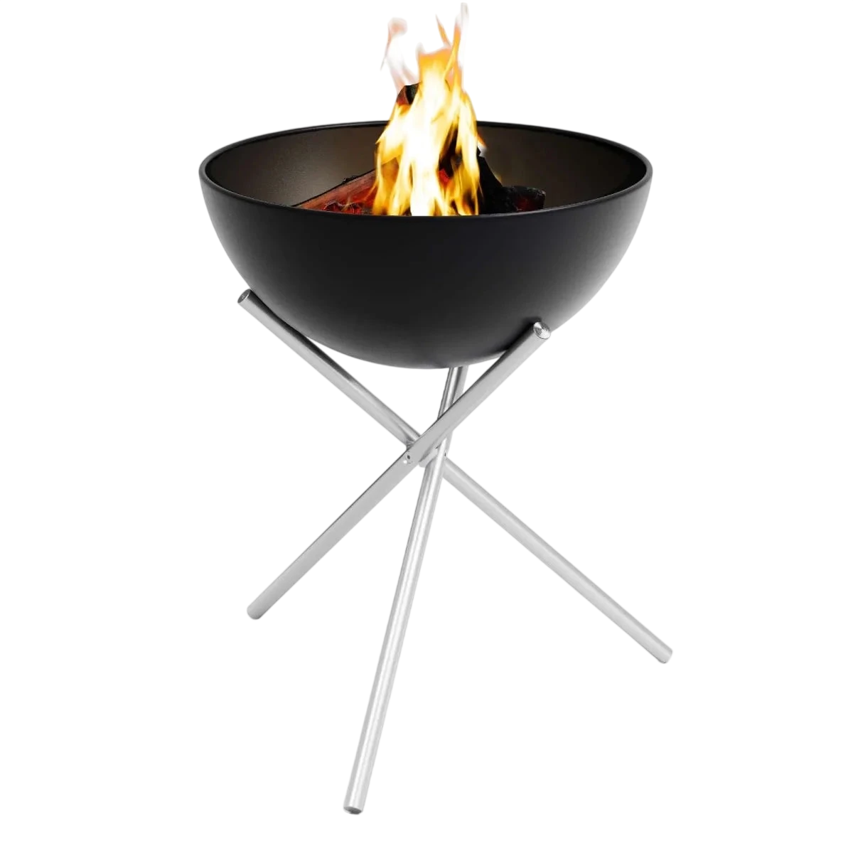 Foyer de feu en bol noir avec support trépied argenté, design moderne.