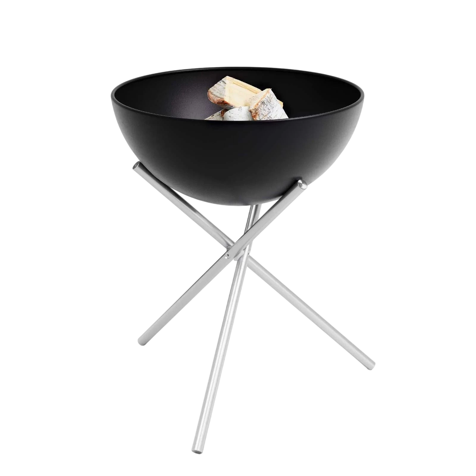 Foyer de feu en bol noir avec support trépied en argent, design moderne.