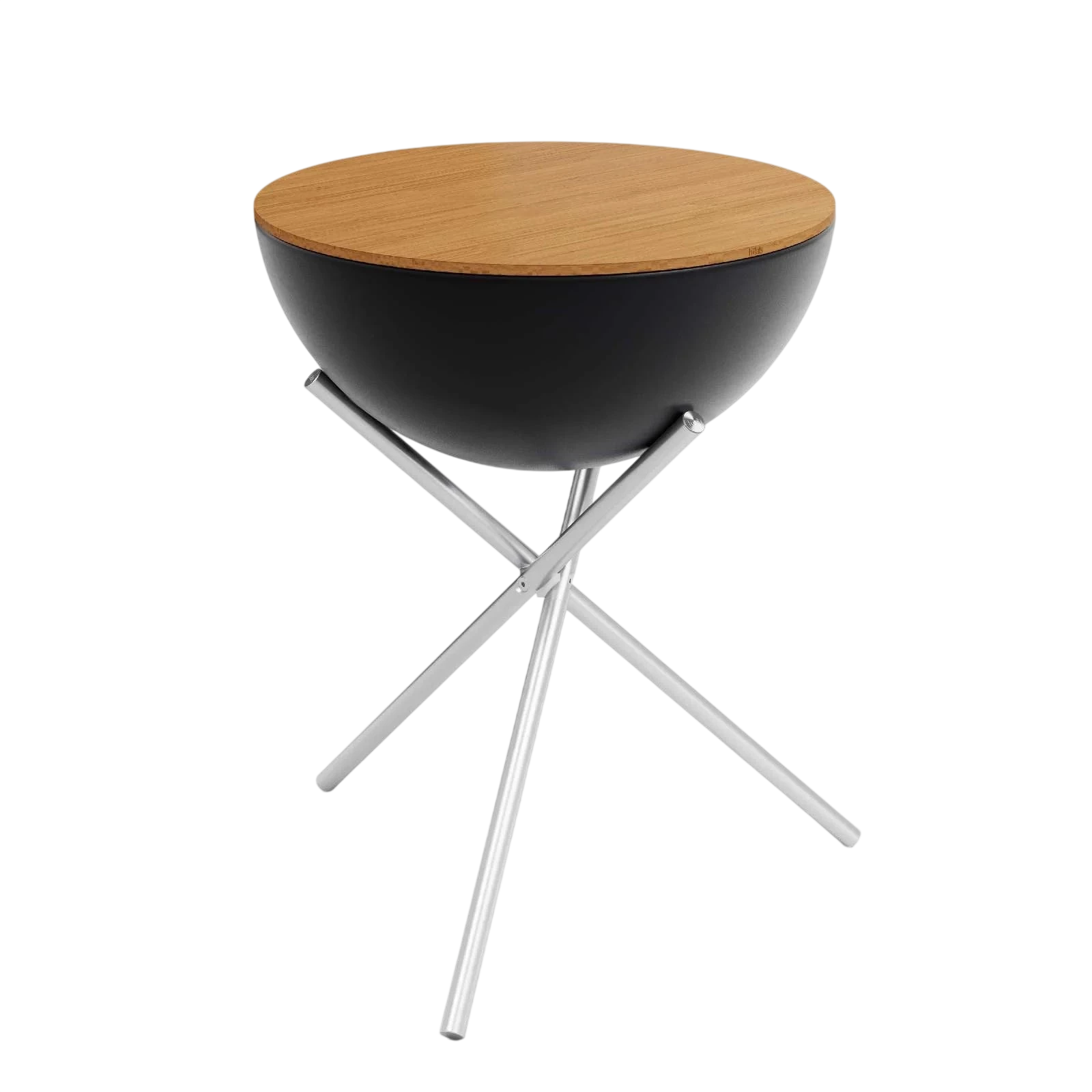Table d’appoint ronde noire et en bois avec pieds en métal.