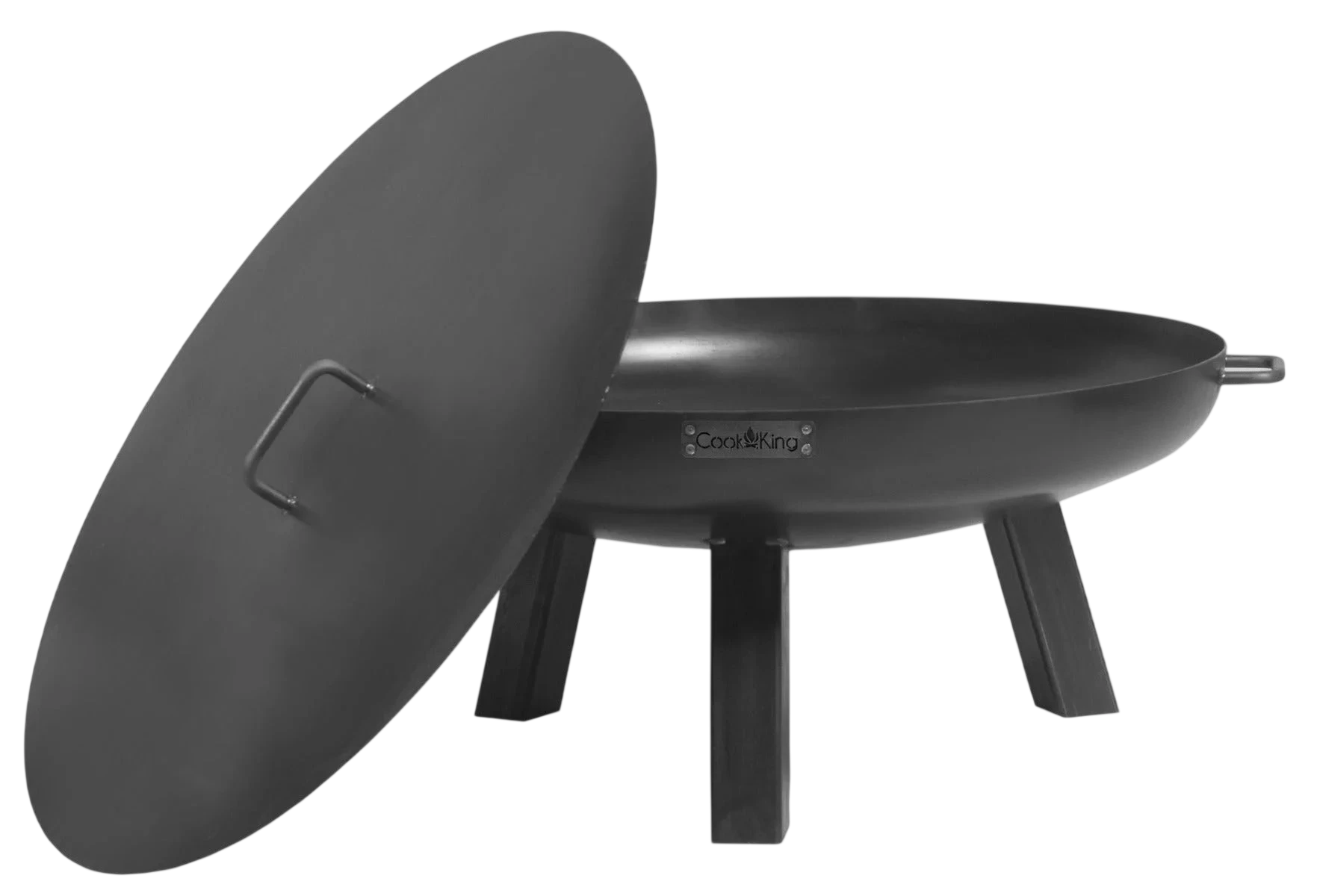 Pot de cuisson extérieur en fonte noire avec couvercle et pieds, conçu pour le feu de camp ou l’utilisation dans le jardin.