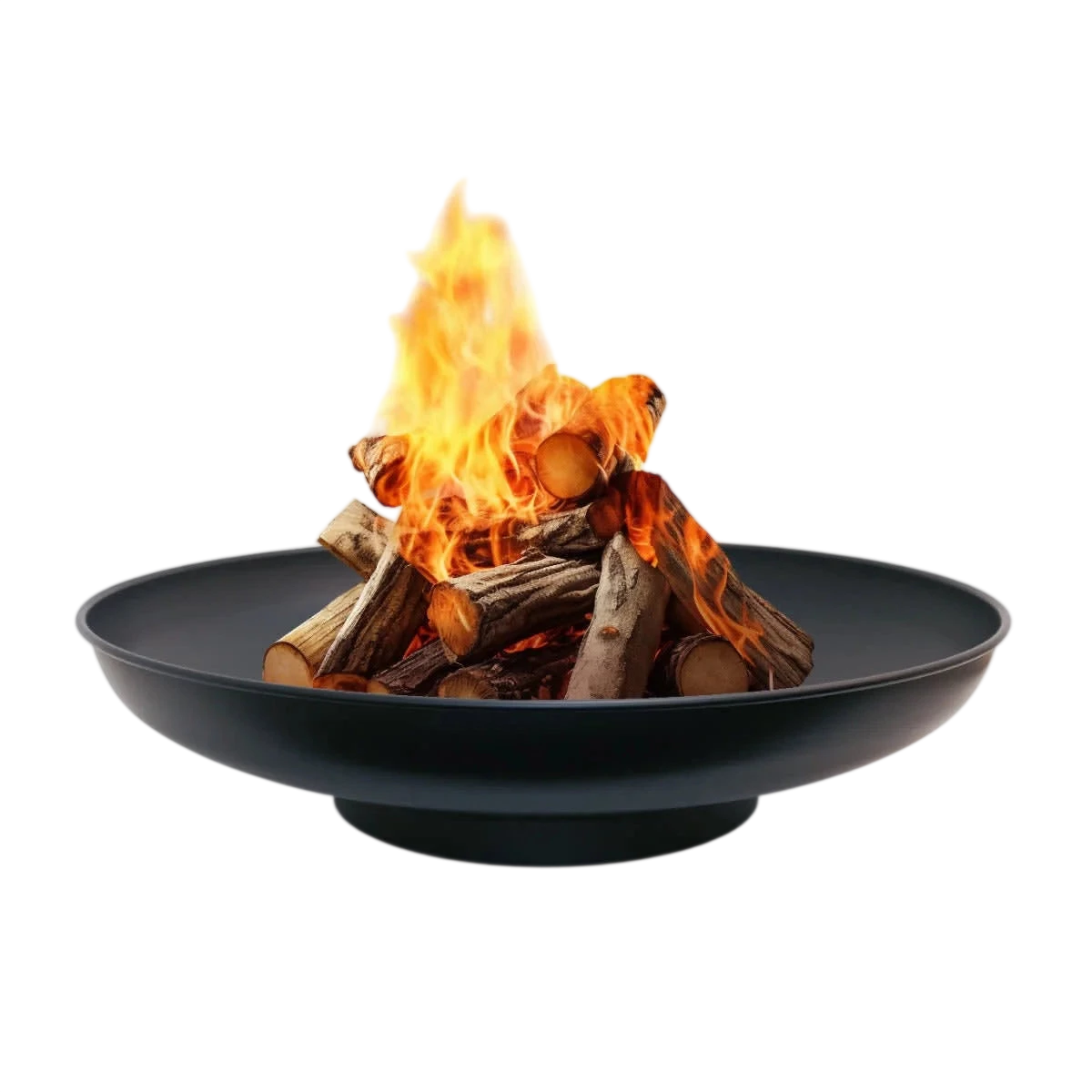 Fosse de feu en bol noir avec des bûches en bois et des flammes