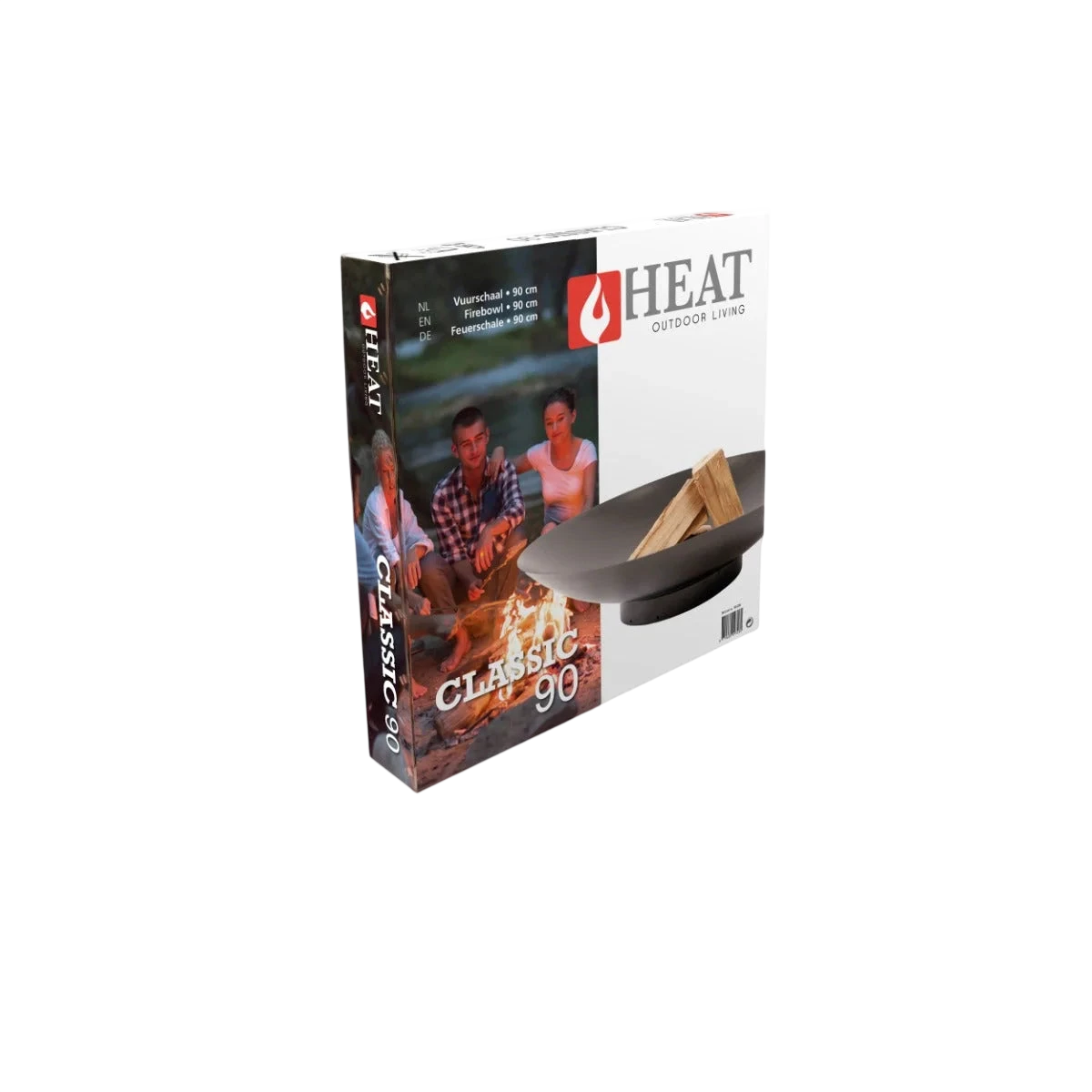 Poêle à griller classique noire résistante à la chaleur avec logo flamme et scène de cuisine familiale sur l’emballage.