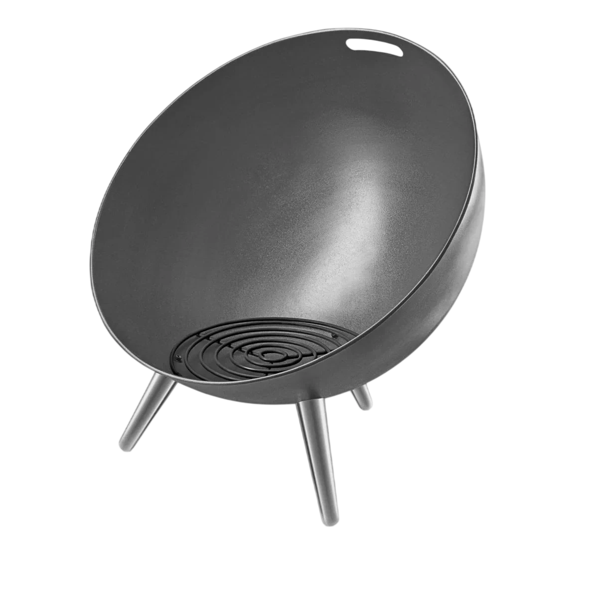 Fauteuil bol en métal noir avec trois pieds et un design de base circulaire.