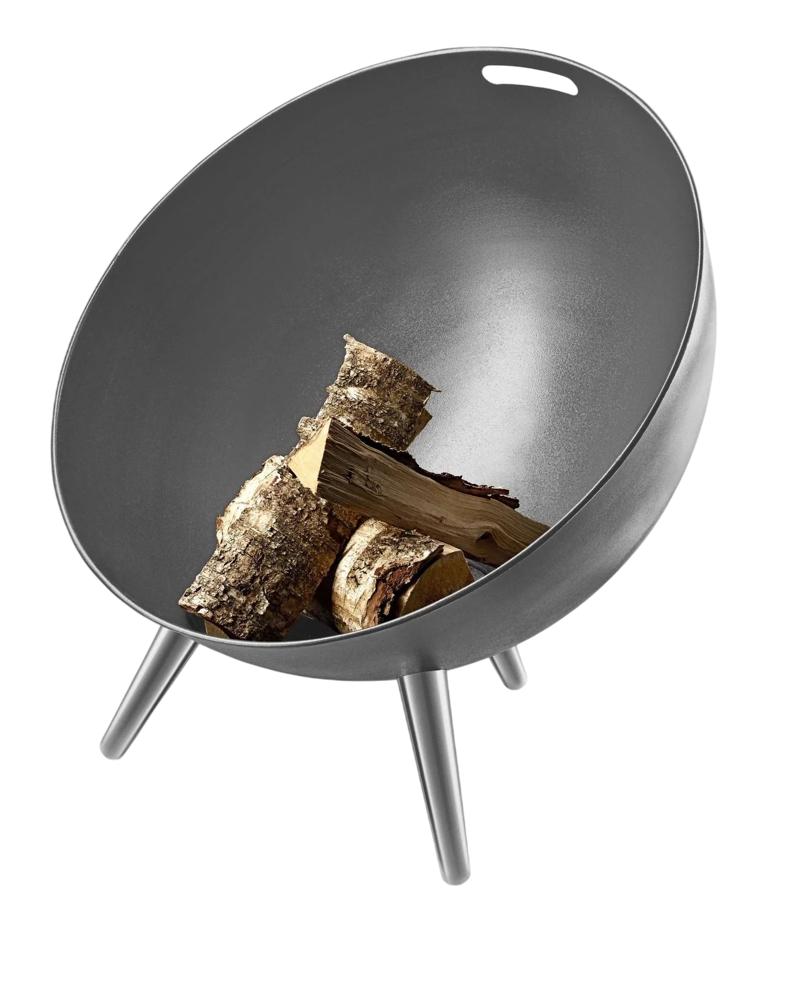Foyer de feu en argent moderne avec pieds trépied et design de bol incurvé.