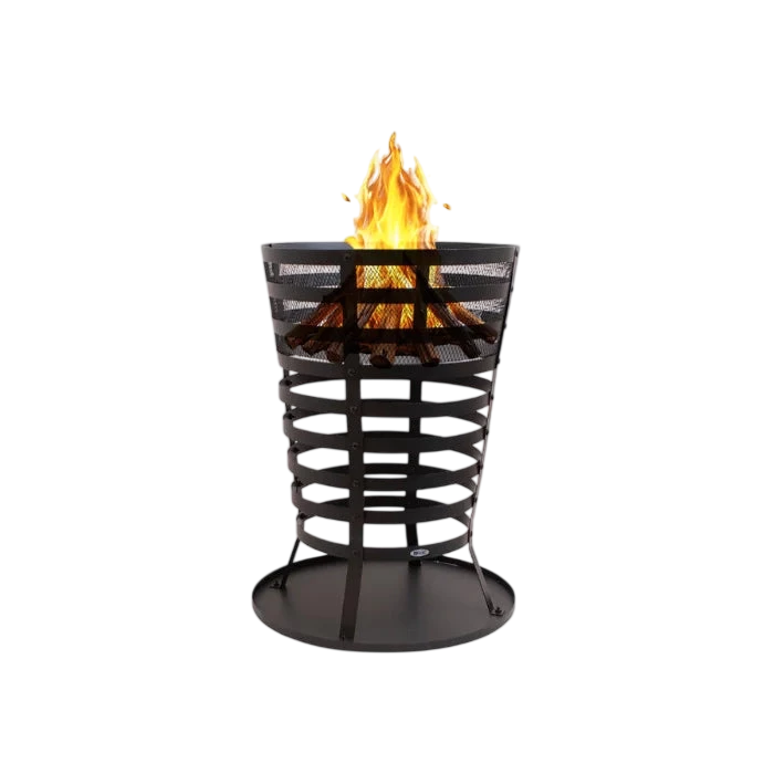 Foyer de feu en métal noir avec design de grille circulaire et flamme.