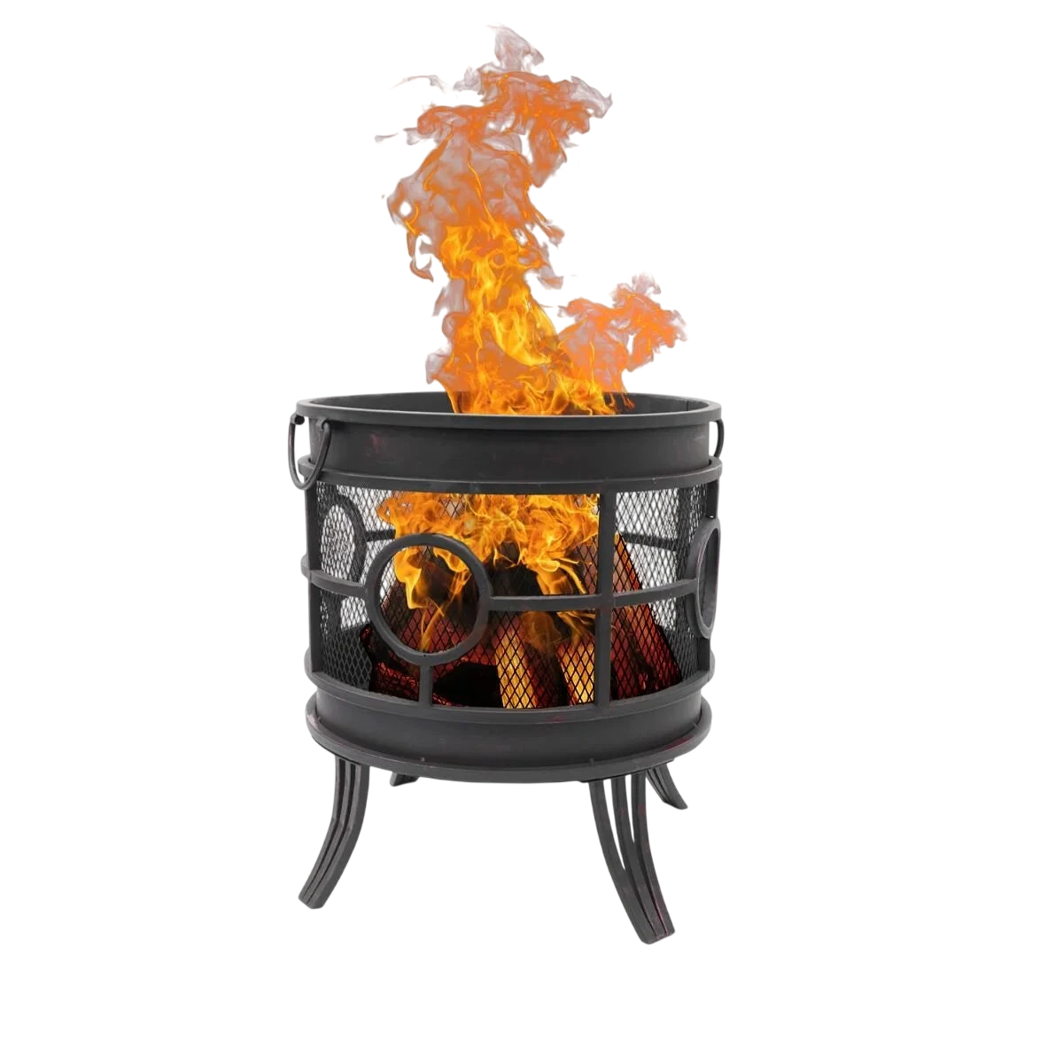 Foyer de feu en métal noir avec découpes circulaires et écran en maille