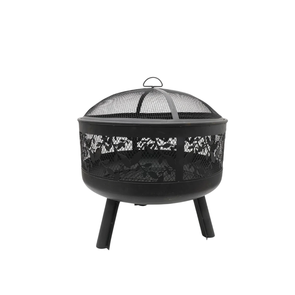 Foyer de feu en métal noir avec un grillage et une poignée, conçu pour un usage en extérieur.