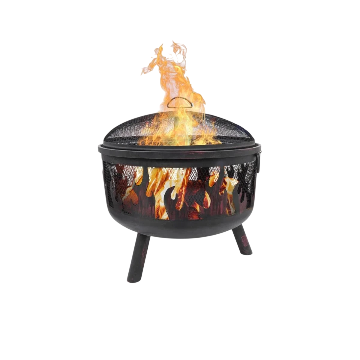 Foyer d’incendie noir avec écran en maille et poignée, conçu pour une utilisation en extérieur.