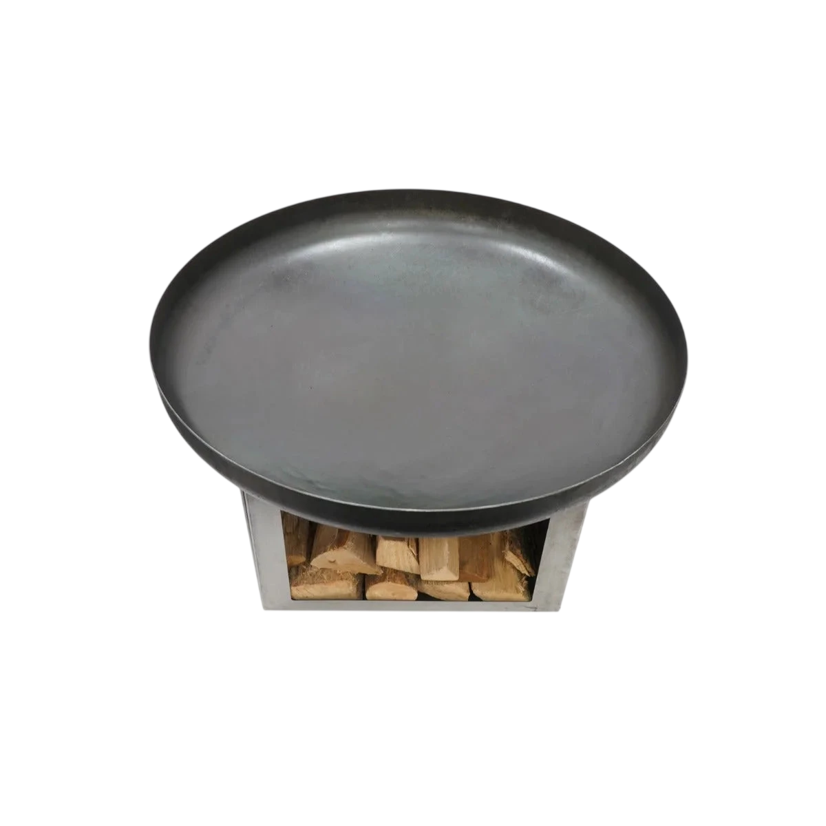 Foyer de feu en métal rond noir avec base de rangement pour bois.