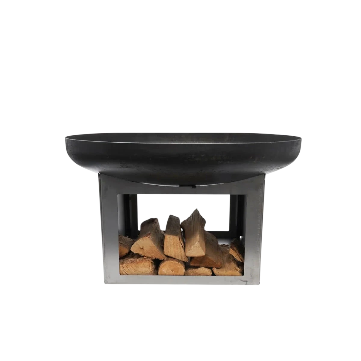 Foyer de feu moderne noir avec bûches de bois et cadre en métal.