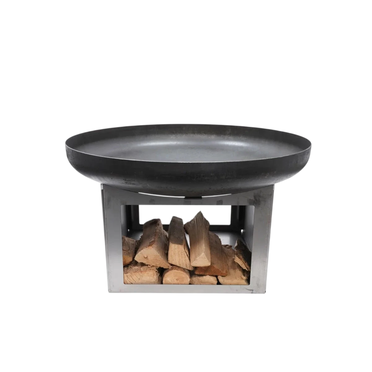 Foyer de feu rond noir avec base de rangement pour bois et cadre en métal.