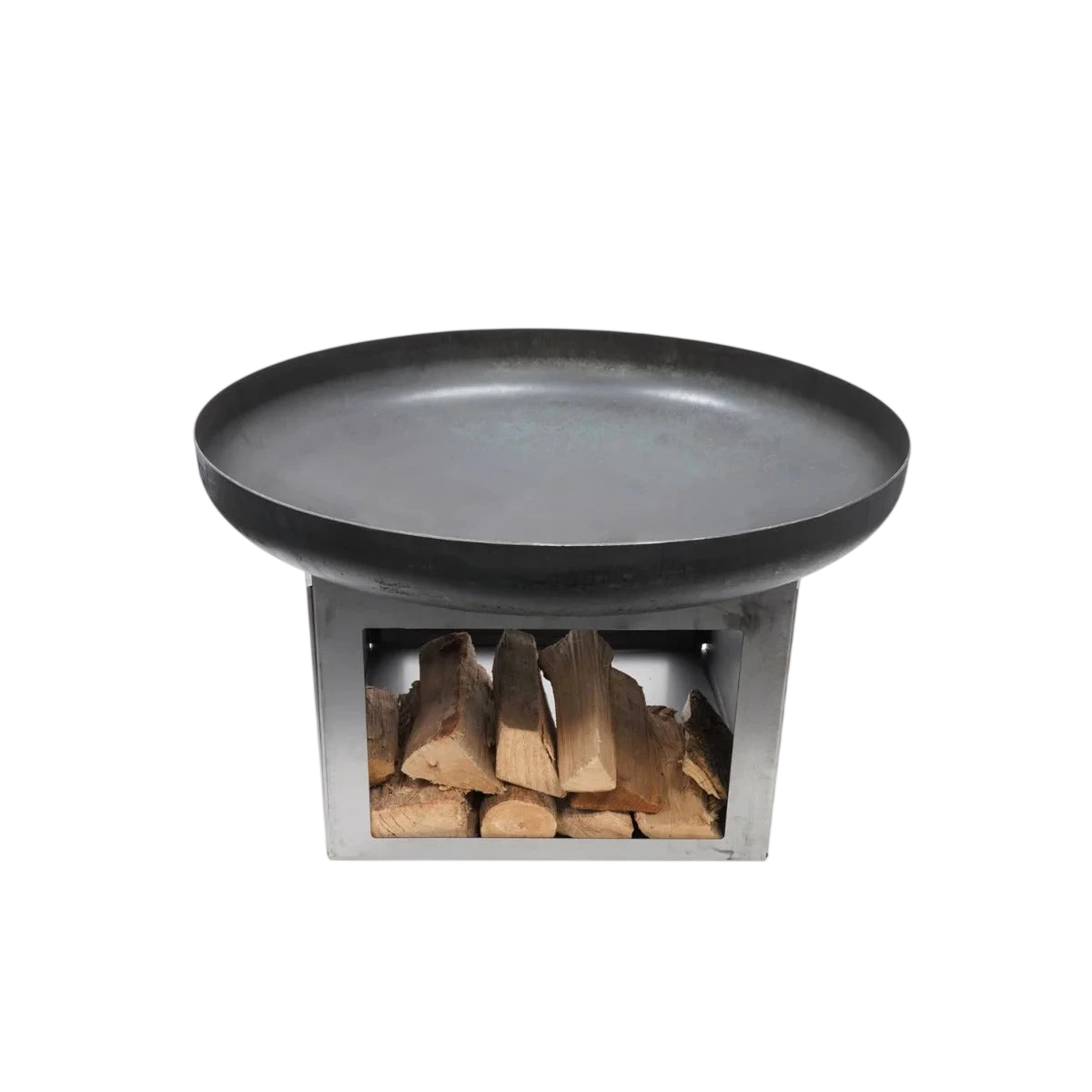 Foyer de feu rond noir avec des bûches de bois à l’intérieur, cadre et couvercle en acier inoxydable.