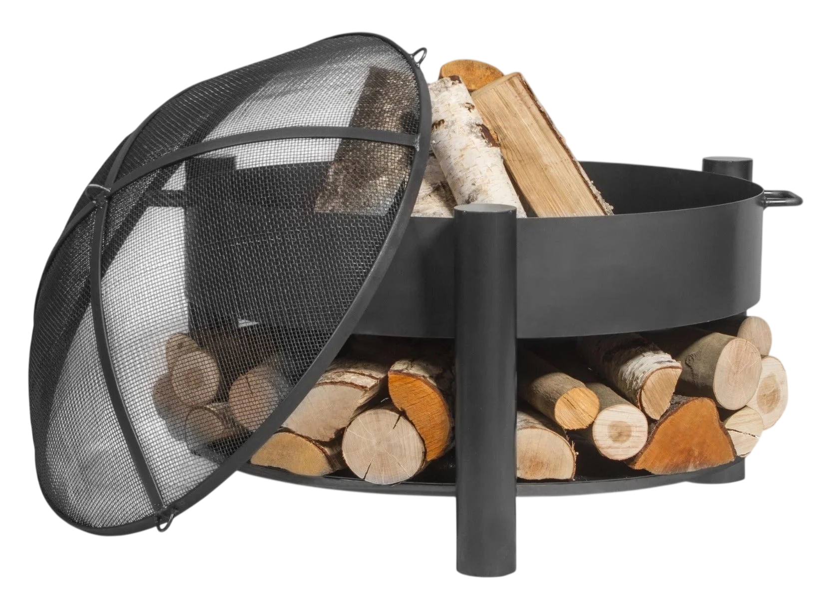 Porte-bûches noir avec couvercle en maille et poignées, conçu pour un usage extérieur.