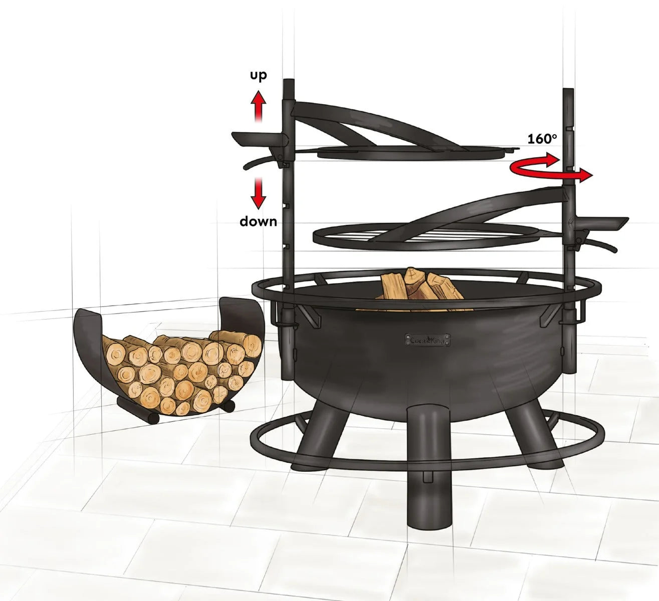 Foyer de feu noir avec grille rotative et rangement pour bois.