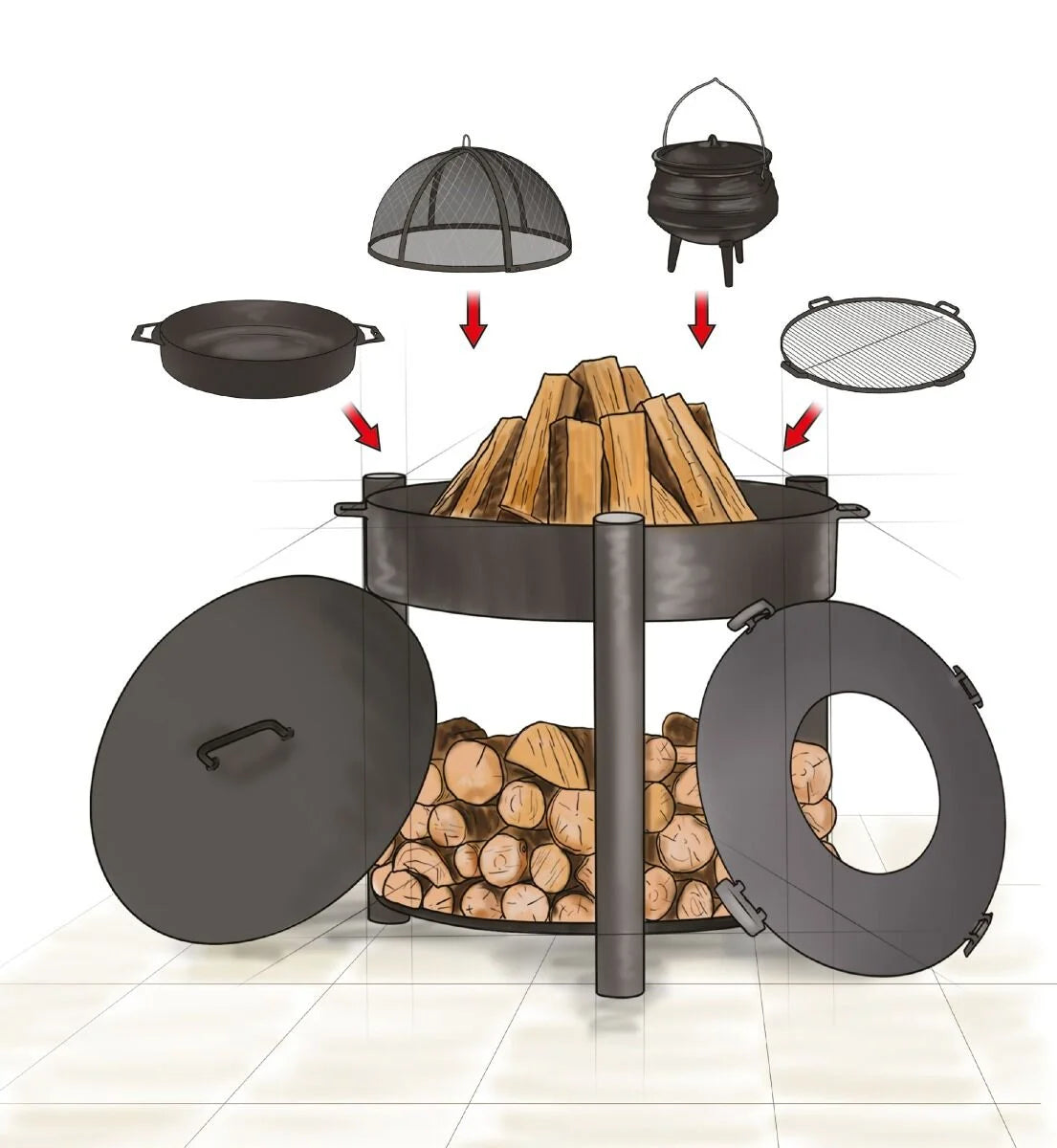 Foyer de feu en fonte noire avec bûches et accessoires de cuisson inclus, conçu pour un usage extérieur.