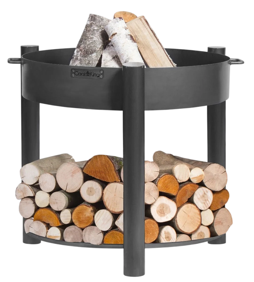 Porte-bûches en métal noir avec des bûches empilées et du bois de bouleau