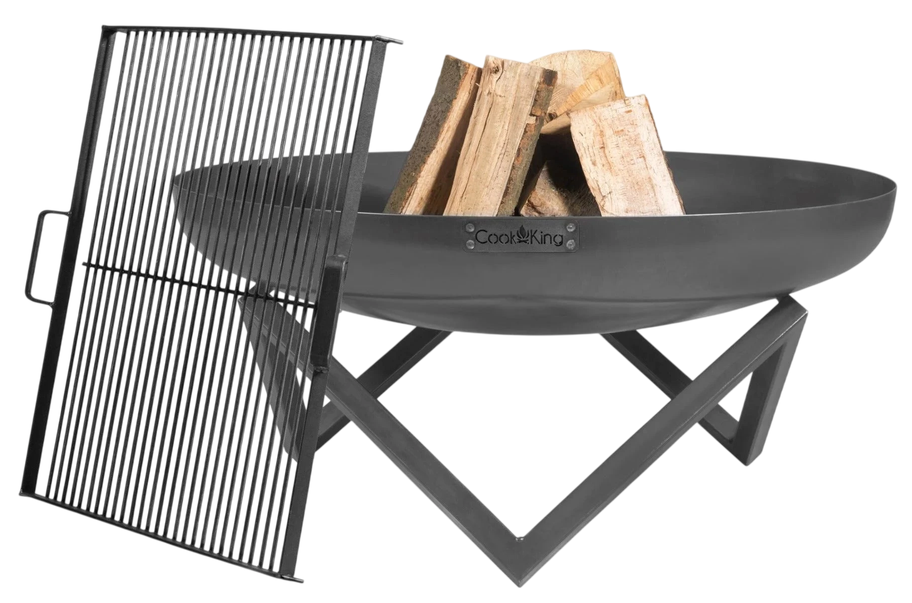 Foyer de feu noir avec grille métallique et pieds, conçu pour un usage extérieur.