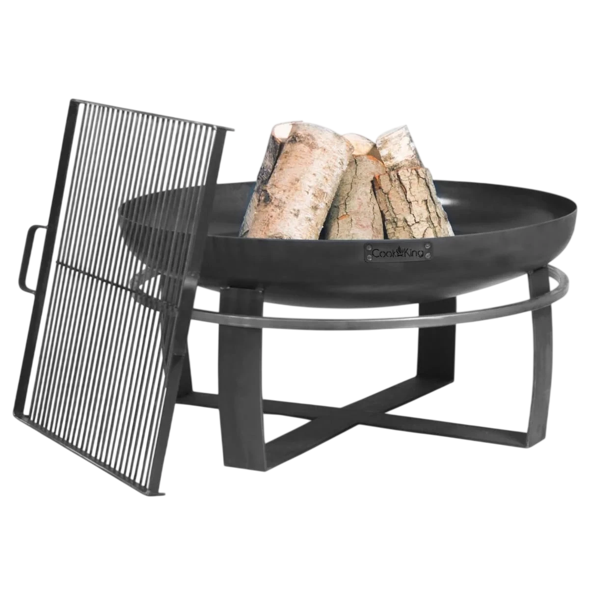 Foyer de feu noir avec grille en métal et pieds, modèle ’campingaz’