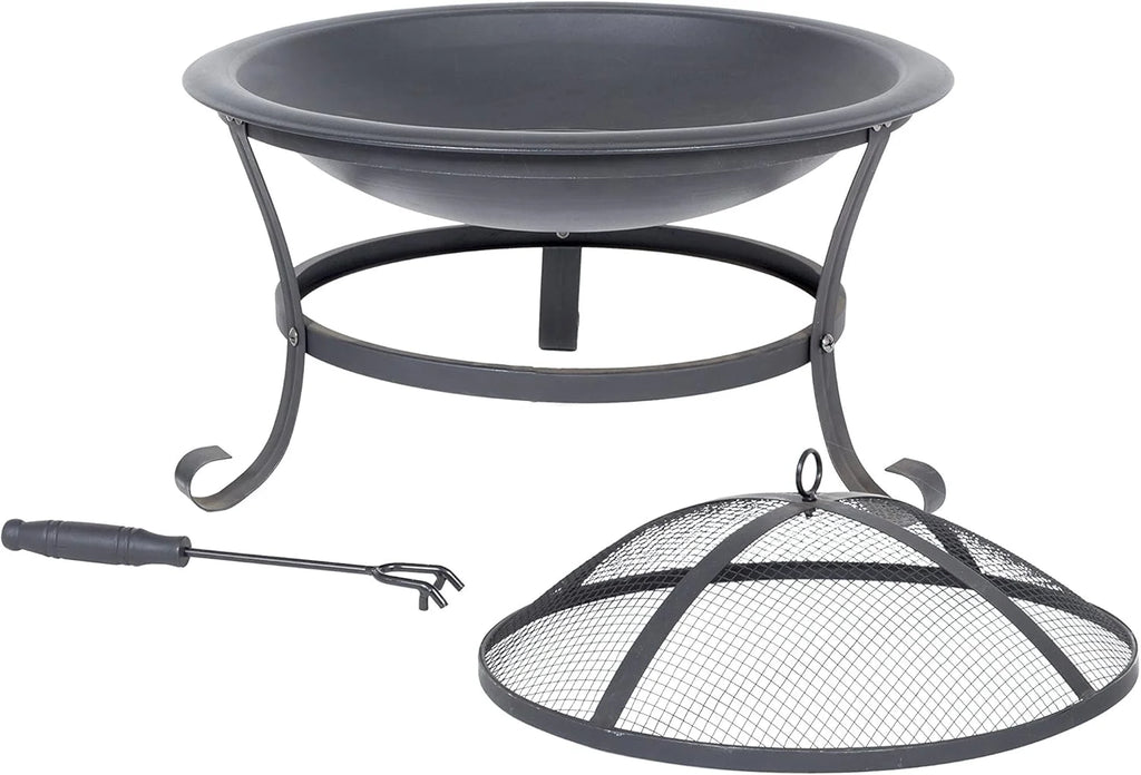 Foyer de feu en métal noir avec pieds courbés décoratifs et couvercle en filet assorti