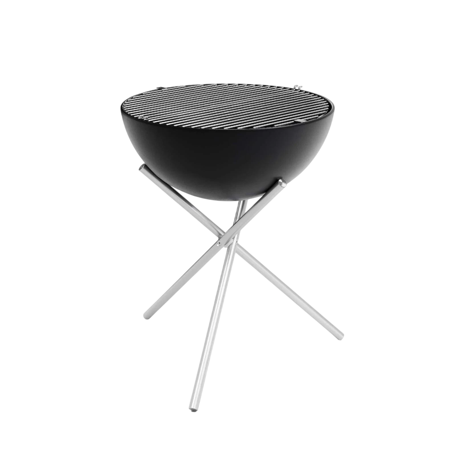 Barbecue au charbon rond noir avec support trépied argenté, design moderne.