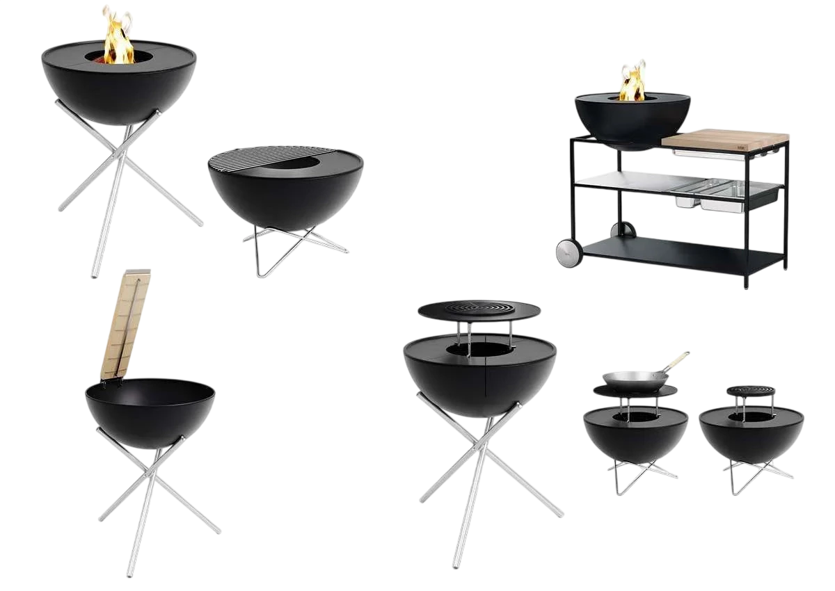 Barbecue portable noir et argent avec un design moderne, incluant une grille de saisie.