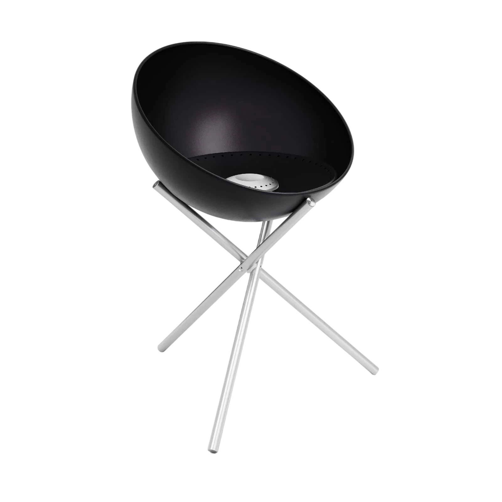 Bol noir sur support trépied en argent, design moderne.