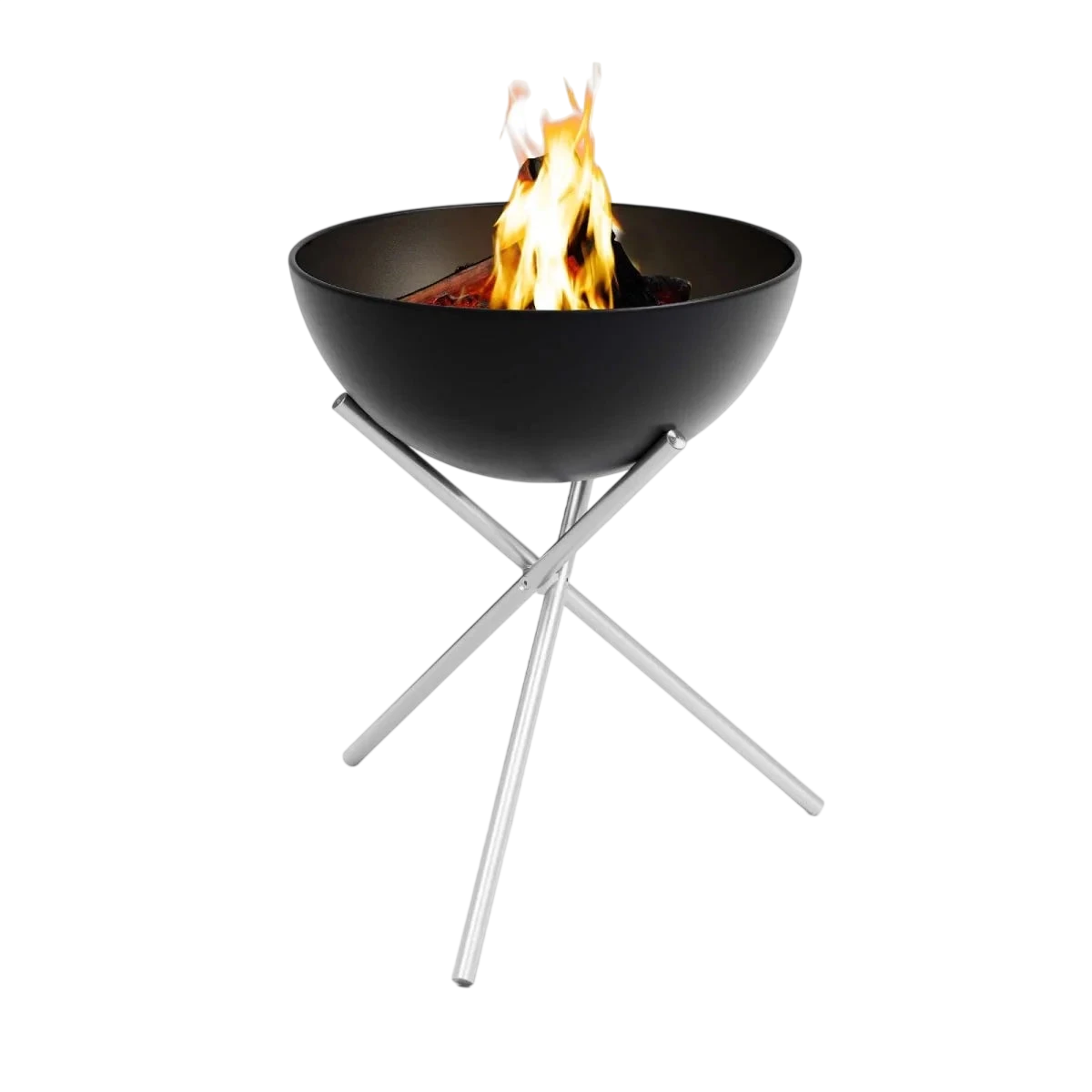 Foyer de feu en bol noir avec support en acier inoxydable, design moderne.