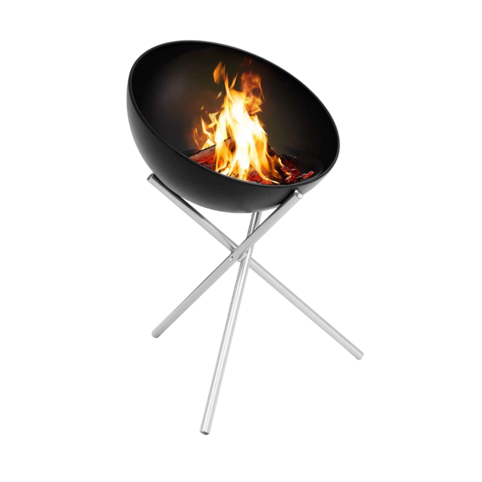 Foyer de feu en bol noir avec support trépied en argent, design moderne.