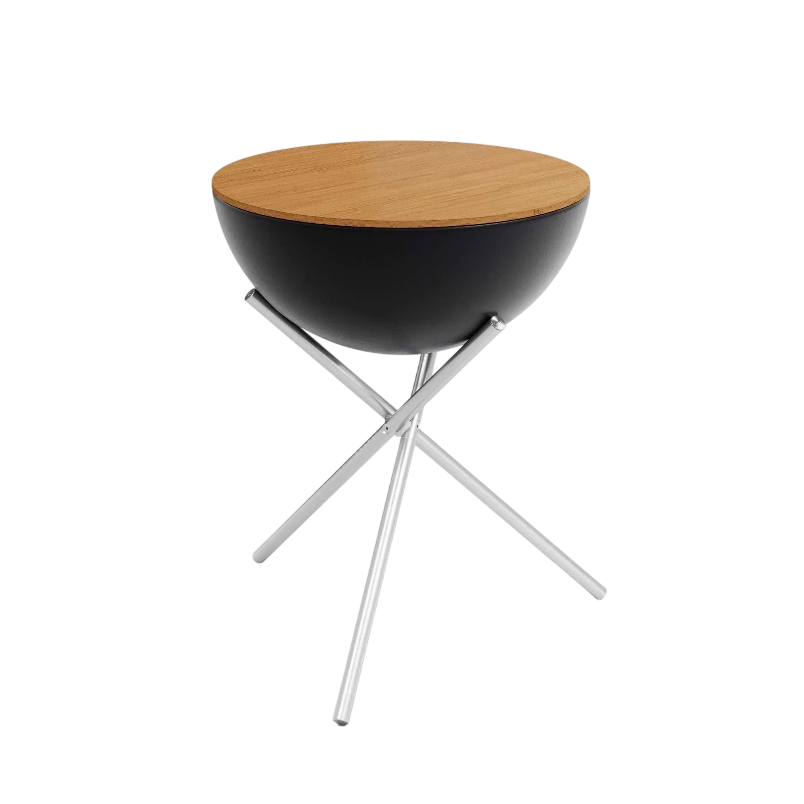 Table d’appoint ronde en bois noir avec pieds en métal.