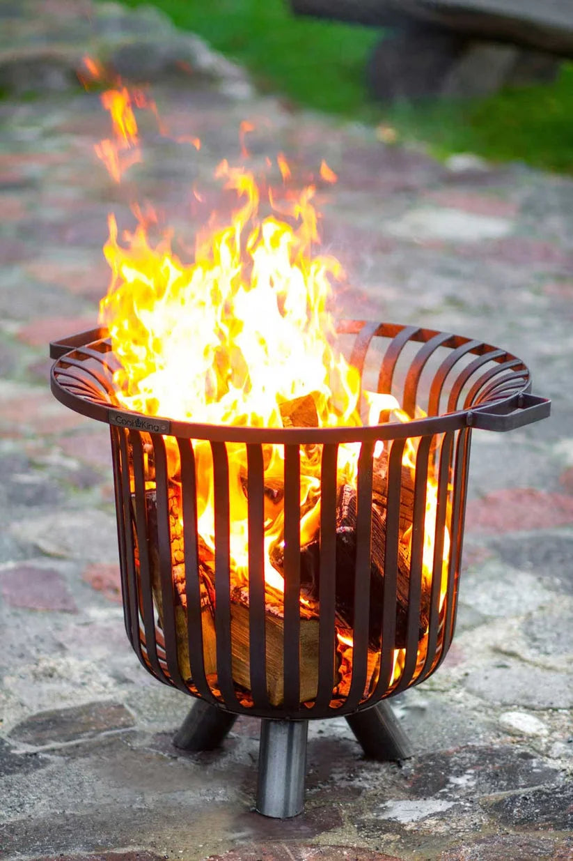 Foyer de feu avec grille métallique et pieds, couleur noire.