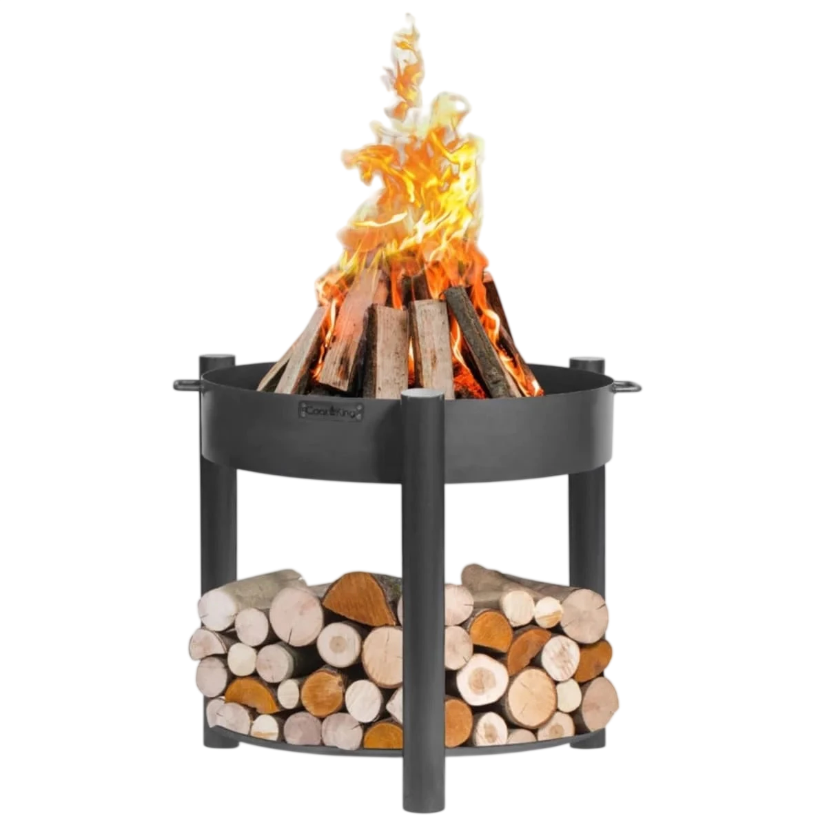 Foyer d’incendie noir avec des bûches empilées et des flammes