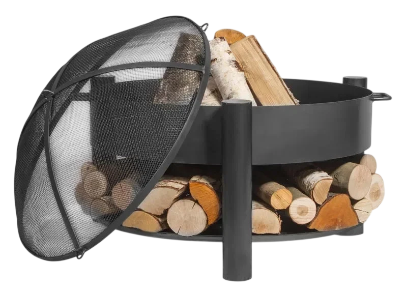 Porte-bûches noir avec couvercle en maille et poignée, conçu pour un usage extérieur.