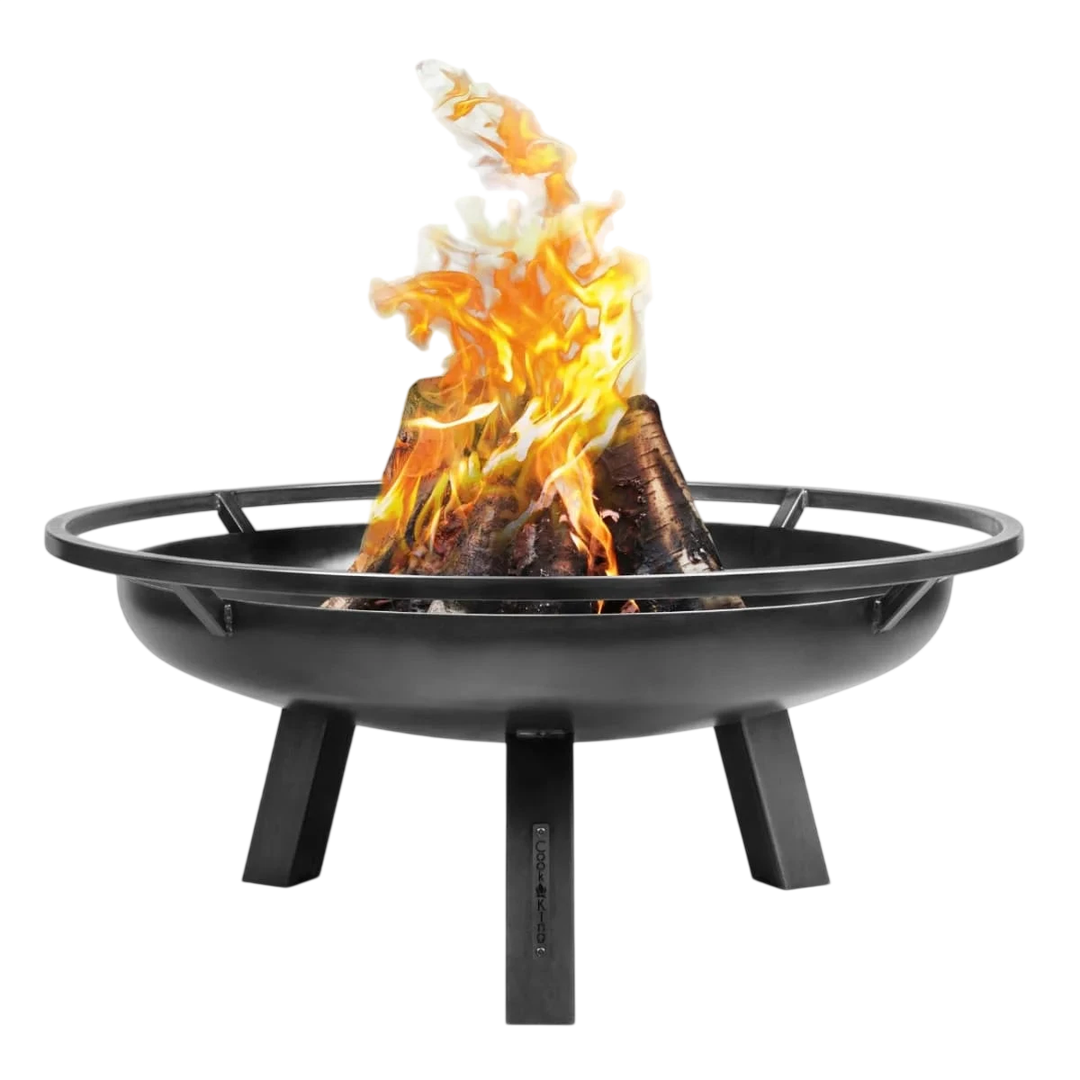 Foyer d’incendie noir de 36 pouces avec un cadre métallique circulaire et des pieds.