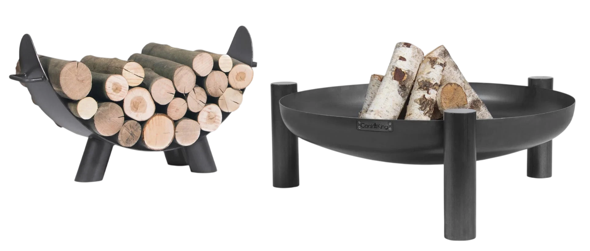 Foyer de feu en métal noir avec des pieds et des poignées courbés pour un accès facile aux bûches, conçu par ferm living.