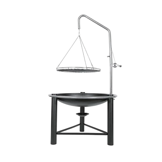 Foyer de feu extérieur en acier inoxydable et métal noir avec grille suspendue