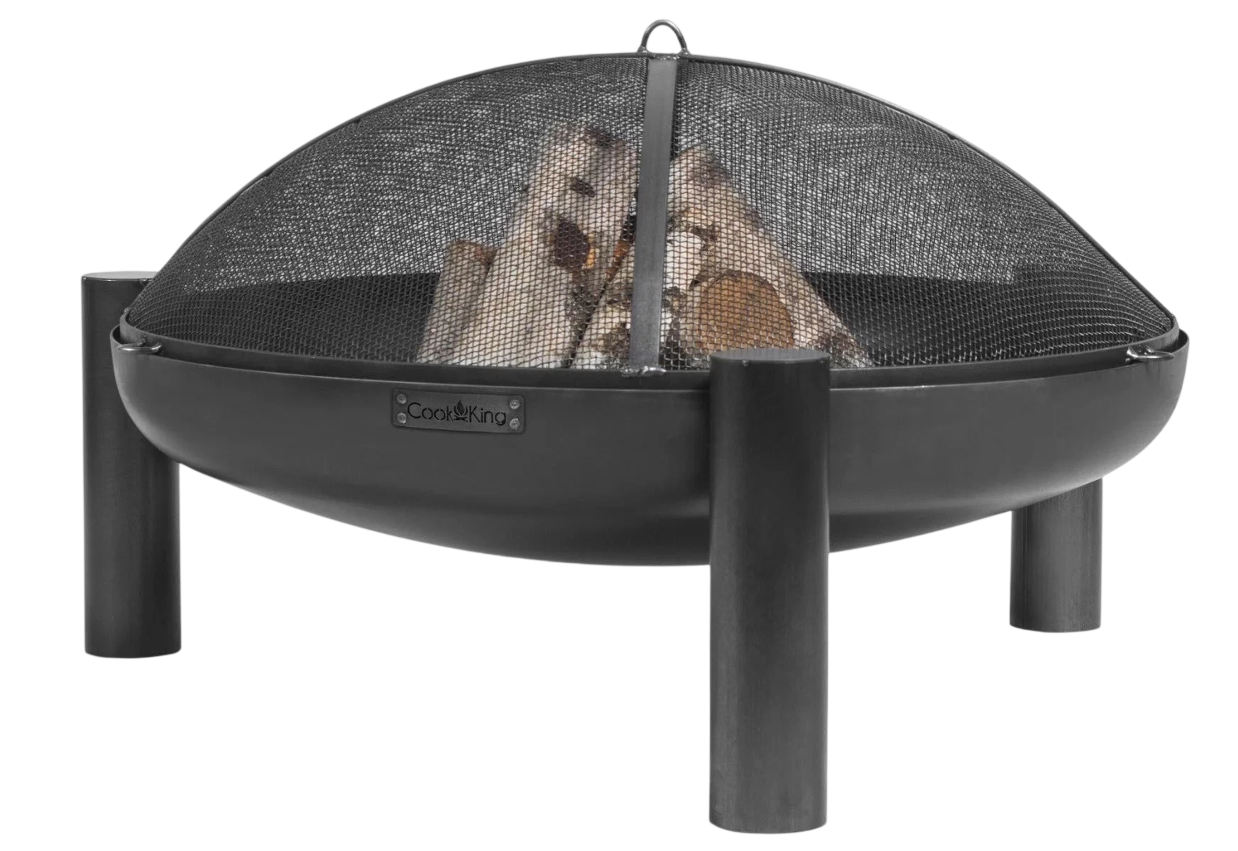 Foyer d’incendie noir avec écran en maille et pieds, conçu pour un usage extérieur.