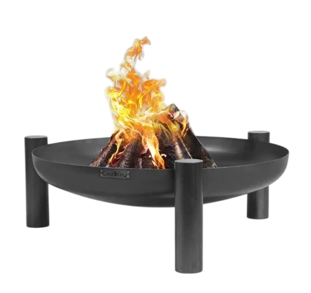 Foyer de feu en métal noir avec des pieds courbés et une flamme centrale.