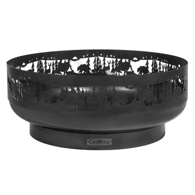 Bol en forme d’ours noir pour foyer, avec une construction en métal robuste et un design de scène forestière découpée au laser.